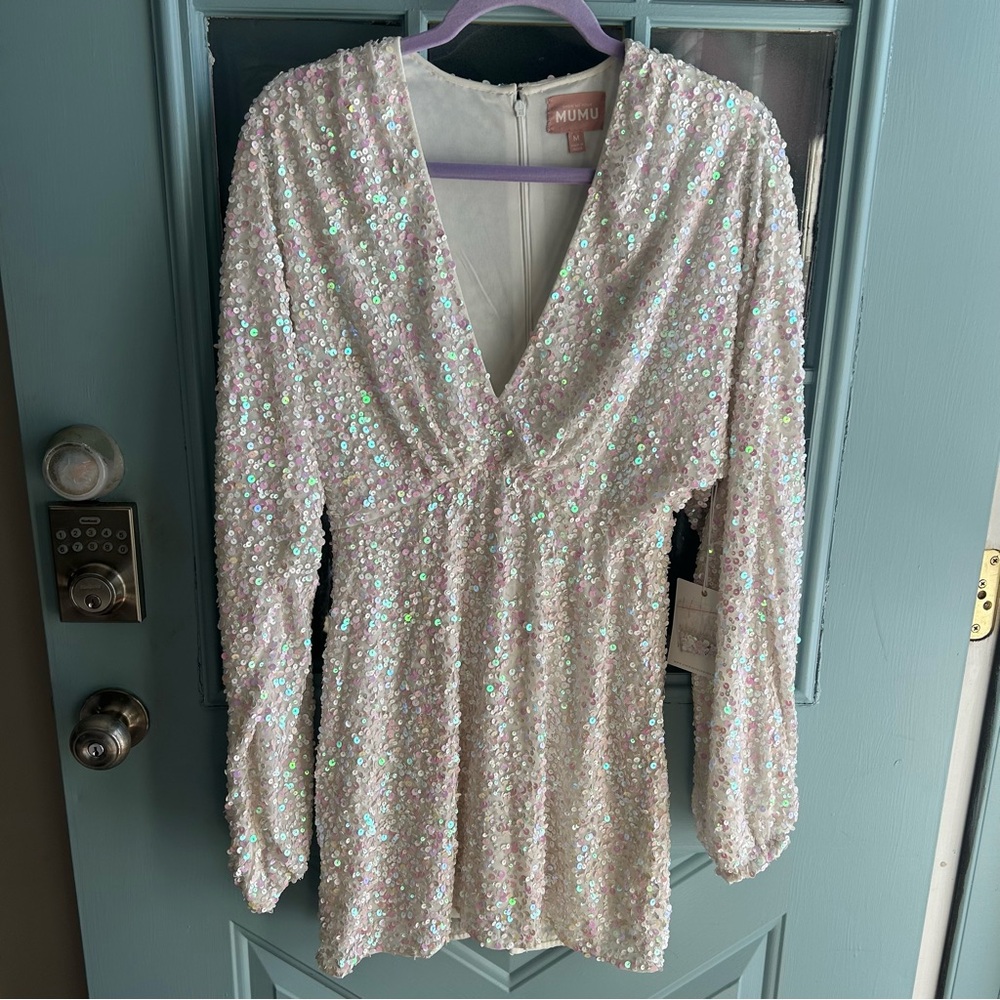 NWT Show Me Your MuMu Kidman Mini Dress Long Sleeve Iridescent Sequin White M - Picture 2 of 14